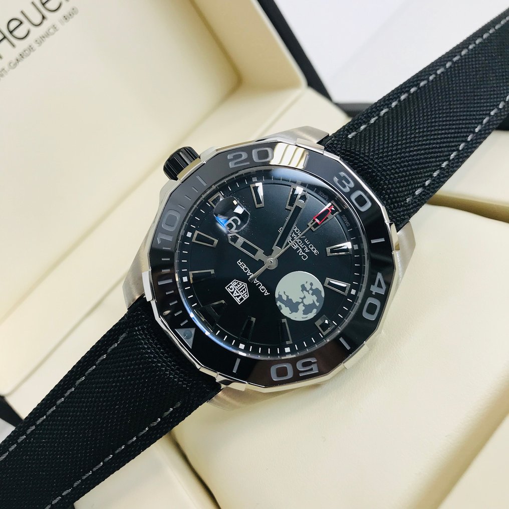 Tag Heuer Aquaracer Calibre 5 Moon Black Dial Black Nylon Strap Watch for Men - WAY201J.FC6370