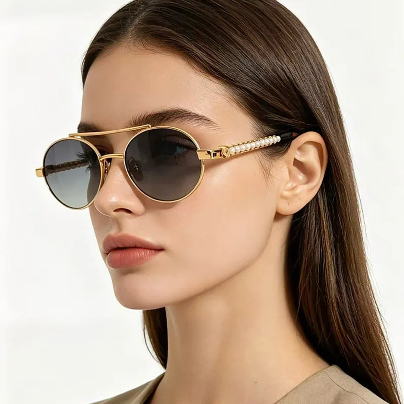 Chanel Women Oval Metal & Imitation Pearl Gold & Grey Sunglasses