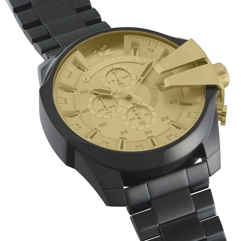 Diesel Mega Chief Chronograph Gold Dial Black Steel Strap Watch For Men - DZ4485