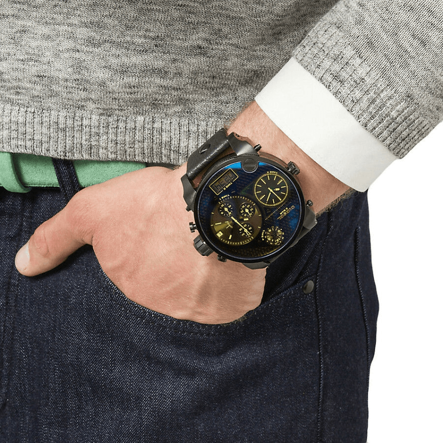 Diesel Big Daddy Blue Dial Black Leather Strap Watch For Men - DZ7127
