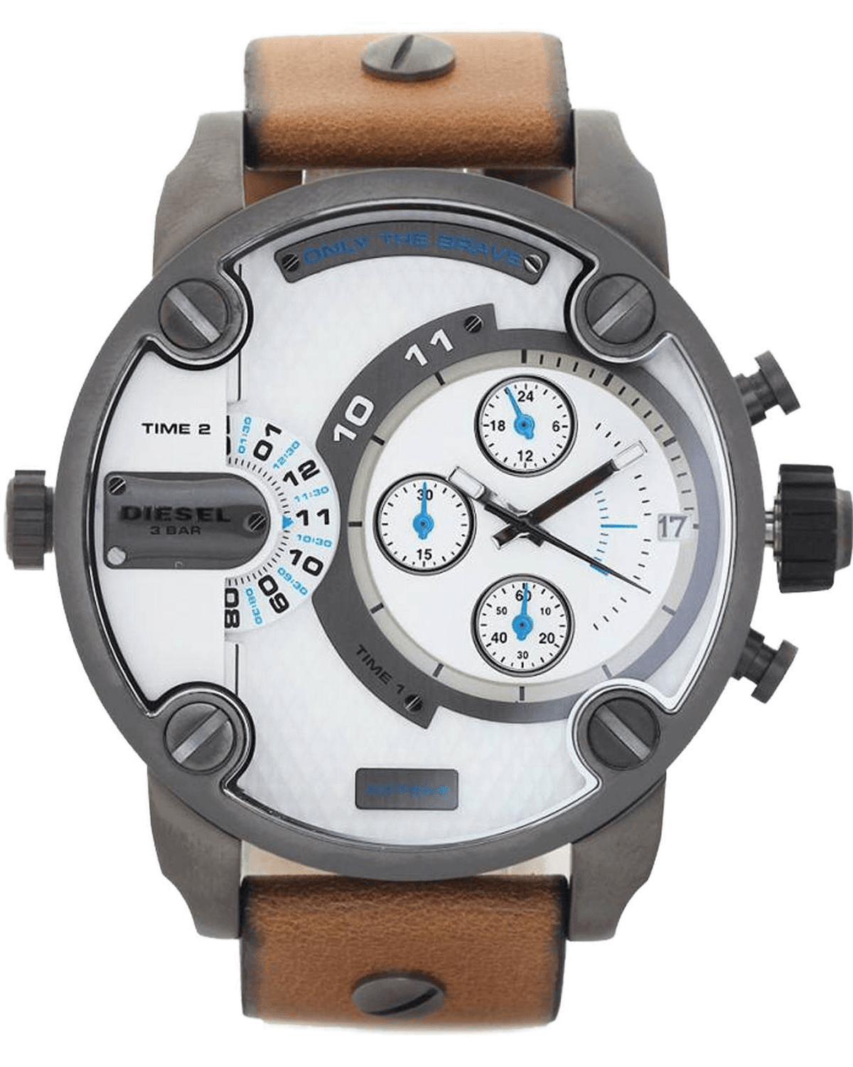Diesel SBA Dual Time Chronograph White Dial Brown Leather Strap Watch For Men - DZ7269
