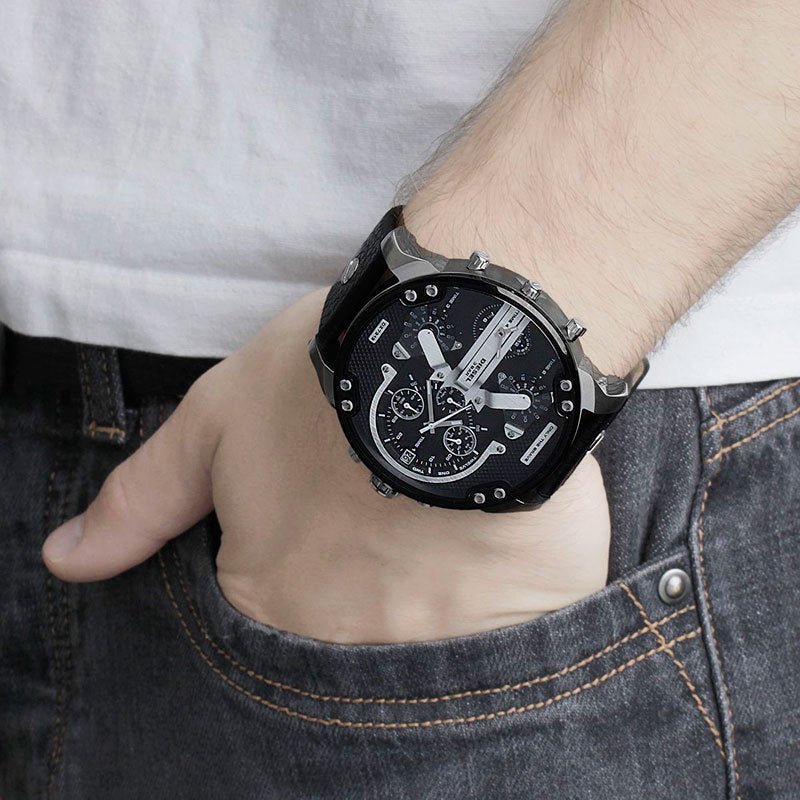 Diesel Mr Daddy Chronograph Black Dial Black Leather Strap Watch For Men - DZ7313