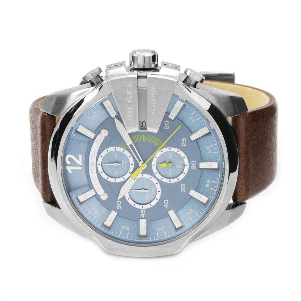 Diesel Mega Chief Chronograph Blue Dial Brown Leather Strap Watch For Men - DZ4281