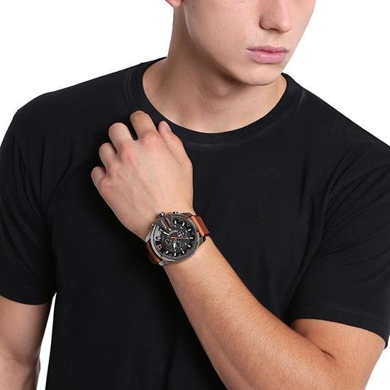 Diesel Mega Chief Chronograph Black Dial Brown Leather Strap Watch For Men - DZ4343