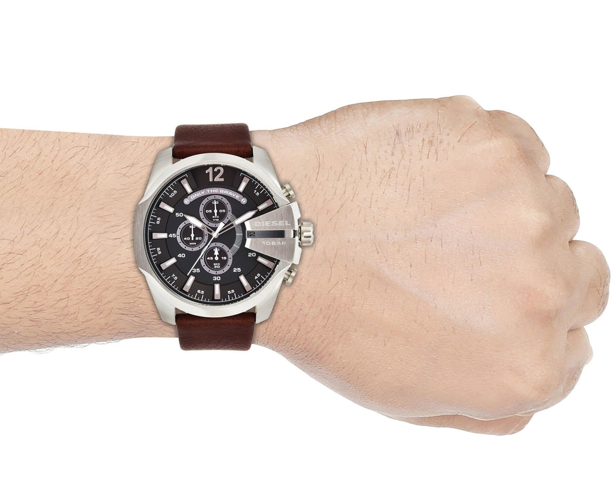 Diesel Mega Chief Chronograph Black Dial Brown Leather Strap Watch For Men - DZ4290
