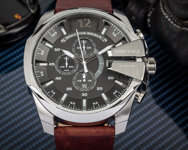 Diesel Mega Chief Chronograph Black Dial Brown Leather Strap Watch For Men - DZ4290