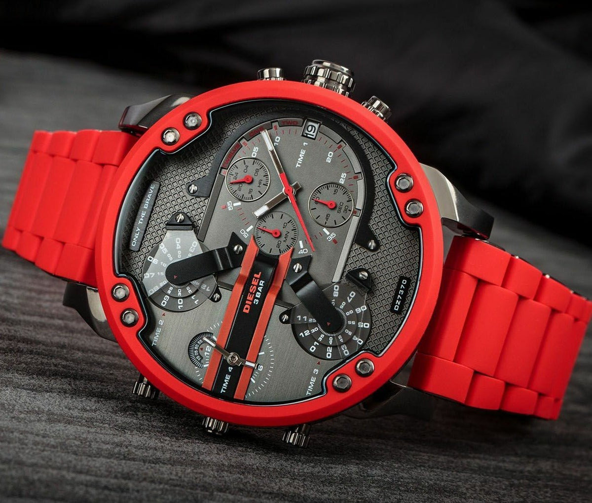 Diesel Mr Daddy 2.0 Chronograph Black Dial Red Silicone Strap Watch For Men - DZ7370