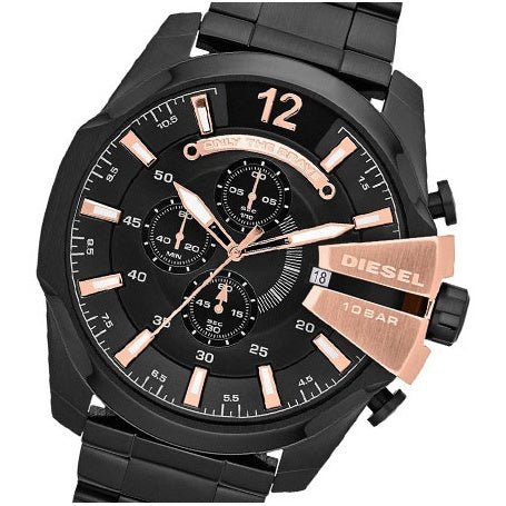 Diesel Mega Chief Chronograph Black Dial Black Steel Strap Watch For Men - DZ4309