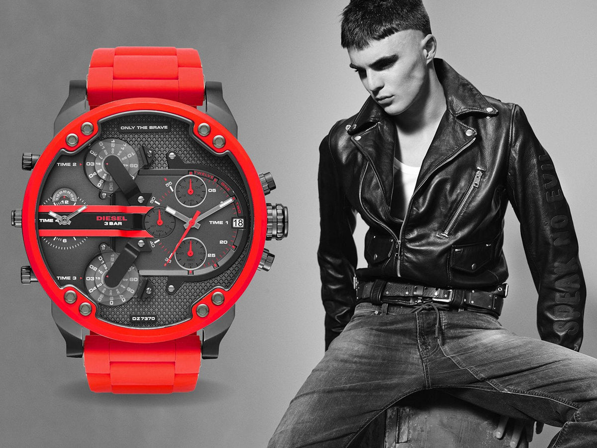 Diesel Mr Daddy 2.0 Chronograph Black Dial Red Silicone Strap Watch For Men - DZ7370