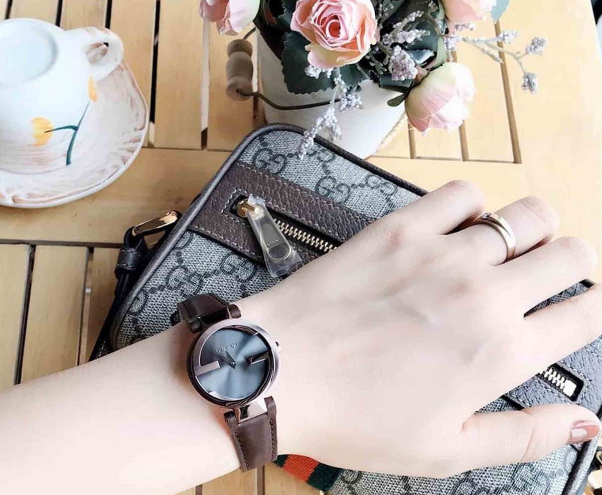 Gucci G Interlocking Brown Dial Brown Leather Strap Watch For Women - YA133504