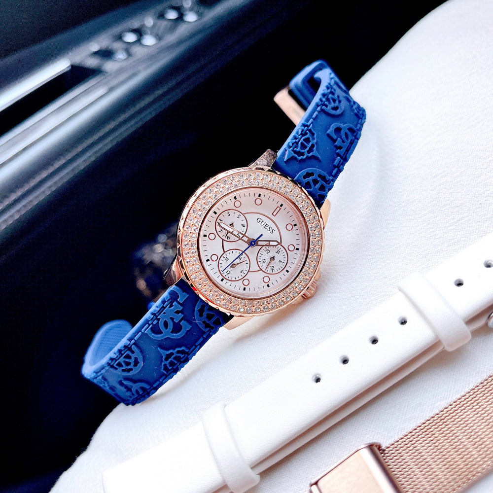 Guess Crown Jewel Diamonds White Dial Blue Rubber Strap Watch for Women - GW0411L2