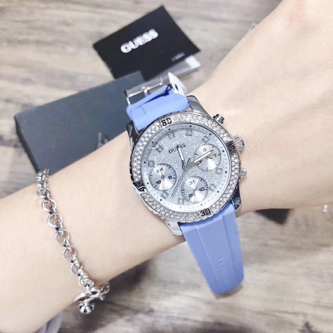 Guess Confetti Crystal Silver Dial Blue Rubber Strap Watch For Women - W1098L3
