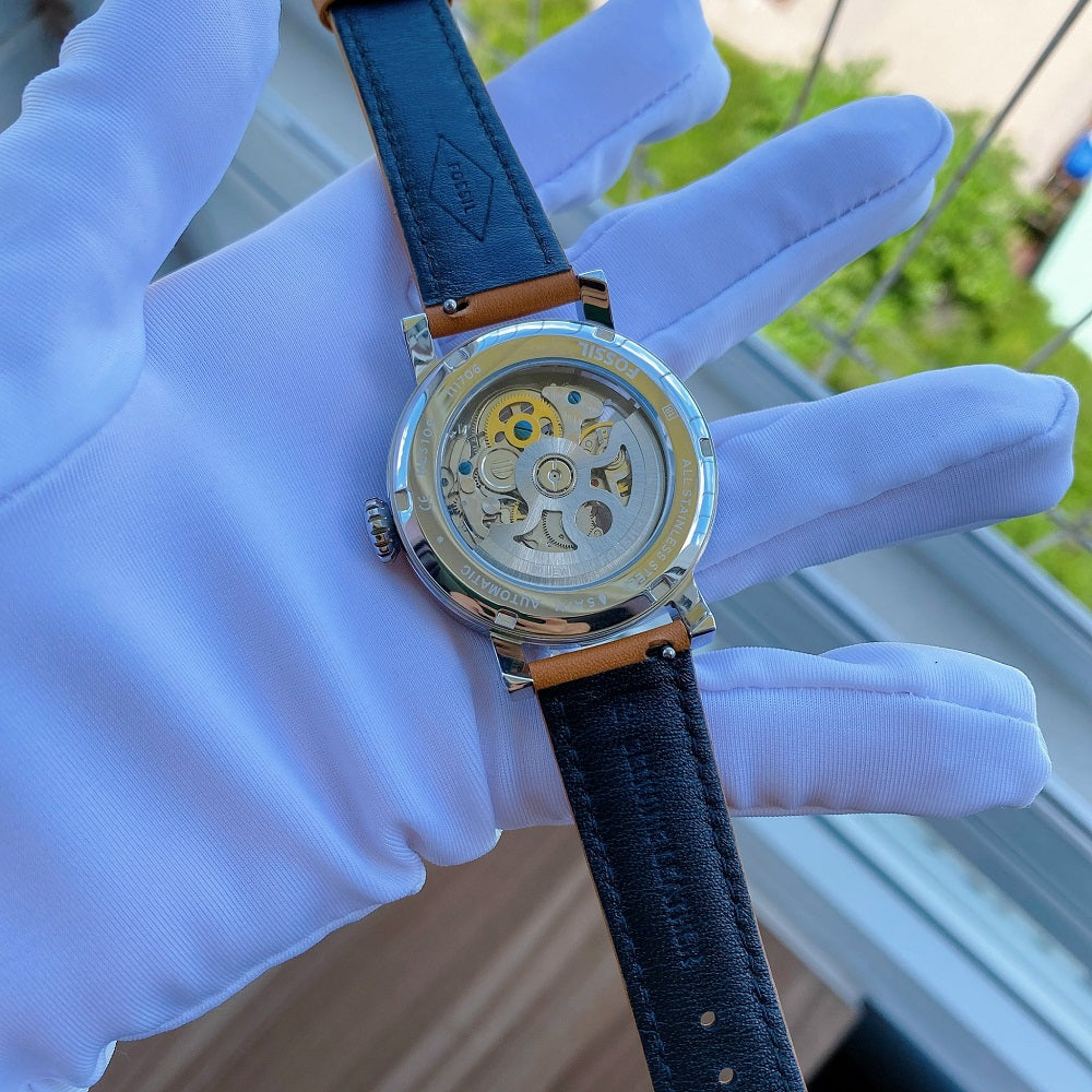 Fossil Boyfriend Automatic Skeleton Silver Dial Brown Leather Strap Watch for Women - ME3109
