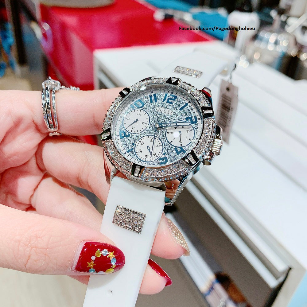 Guess Frontier Diamonds Silver Dial White Rubber Strap Watch For Women - W1160L4