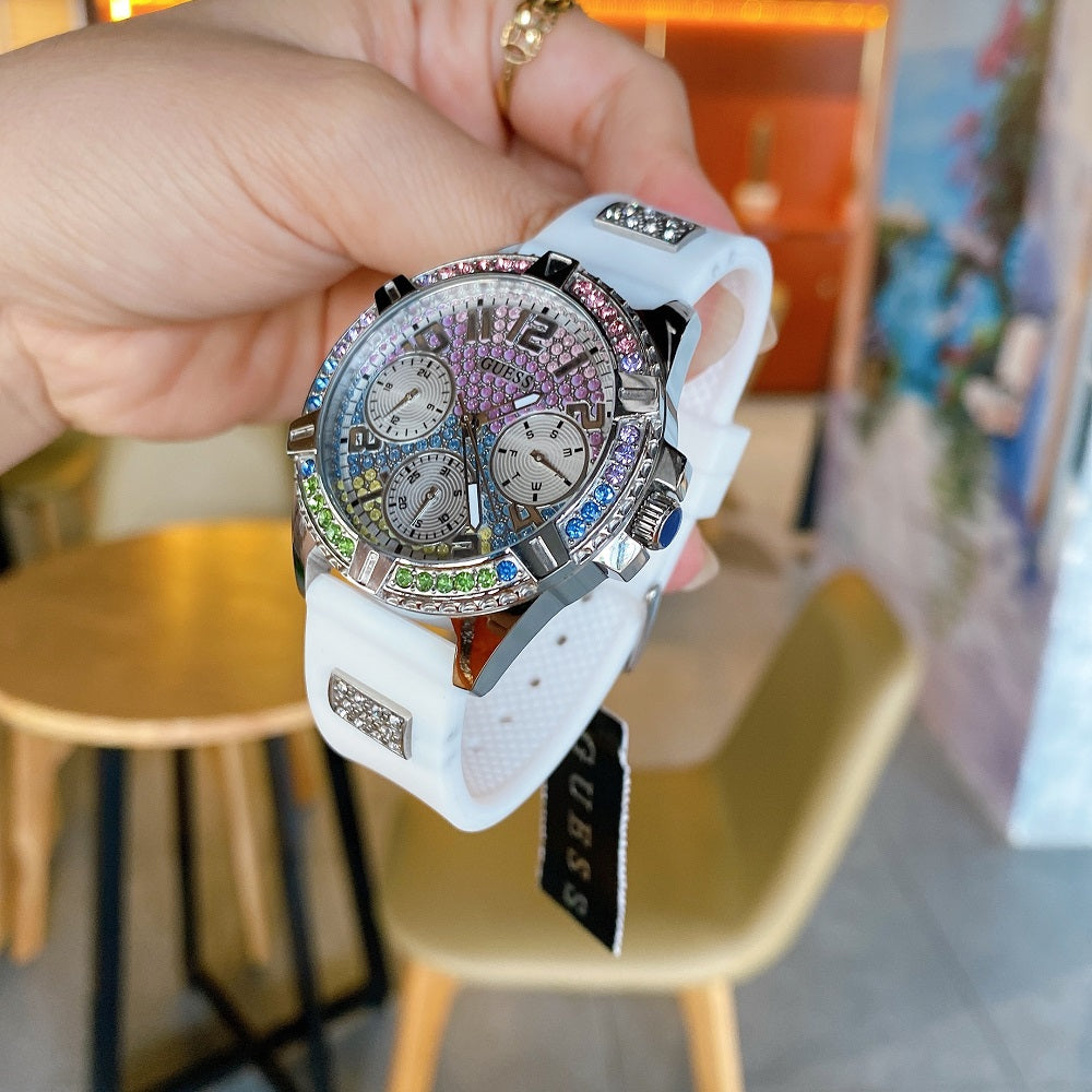 Guess Frontier Diamonds Silver Dial White Rubber Strap Watch for Women - GW0045L1