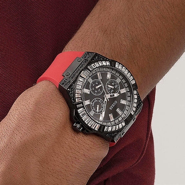 Guess Mainline Multifunction Crystals Black Dial Red Silicone Strap Watch For Men - GW0208G6