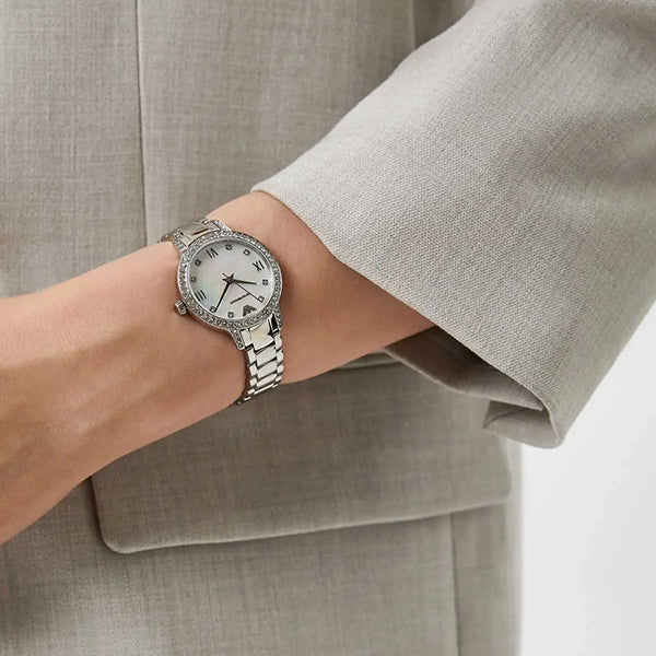 Emporio Armani Cleo Crystals Mother Of Pearl Dial Silver Steel Strap Watch For Women - AR11484