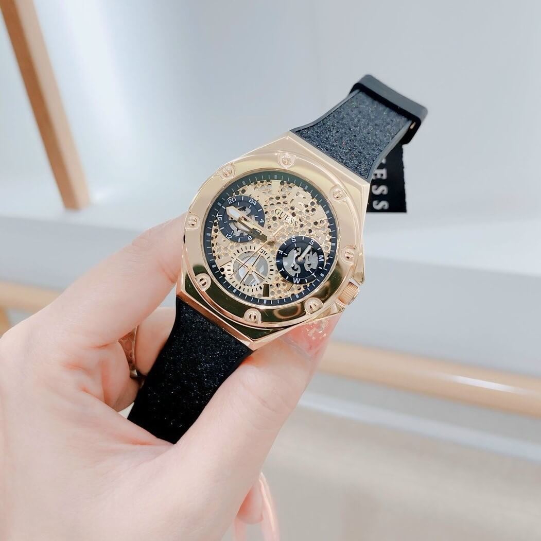 Guess Asteria Multifunction Gold Dial Black Rubber Strap Watch For Women - GW0620L2