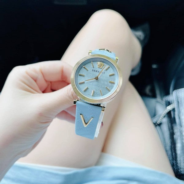 Versace V-Twist Blue Dial Blue Leather Strap Watch for Women - VELS00319