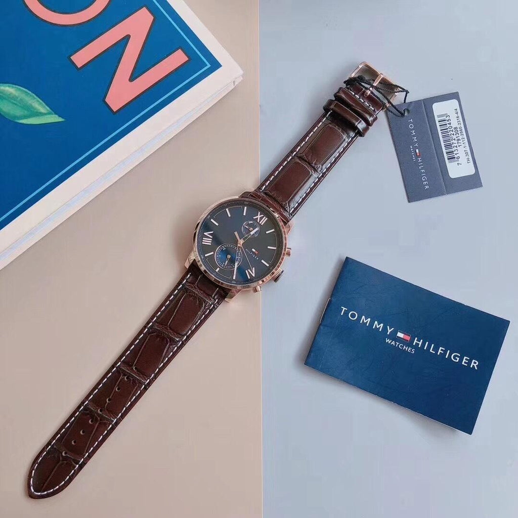 Tommy Hilfiger Aiden Quartz Blue Dial Brown Leather Strap Watch for Men - 1791308
