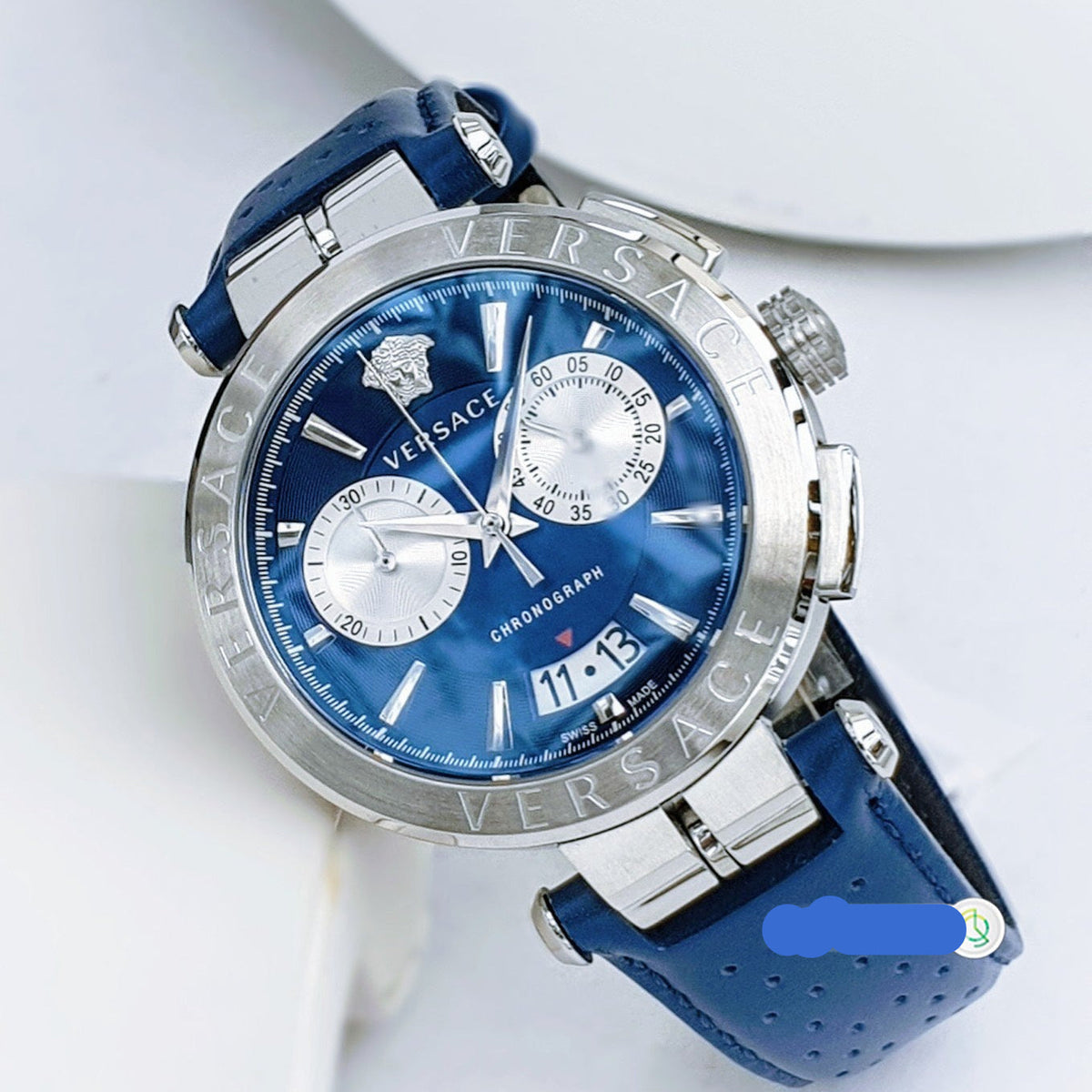 Versace Aion Chronograph Blue Dial Blue Leather Strap Watch for Men - VE1D01220