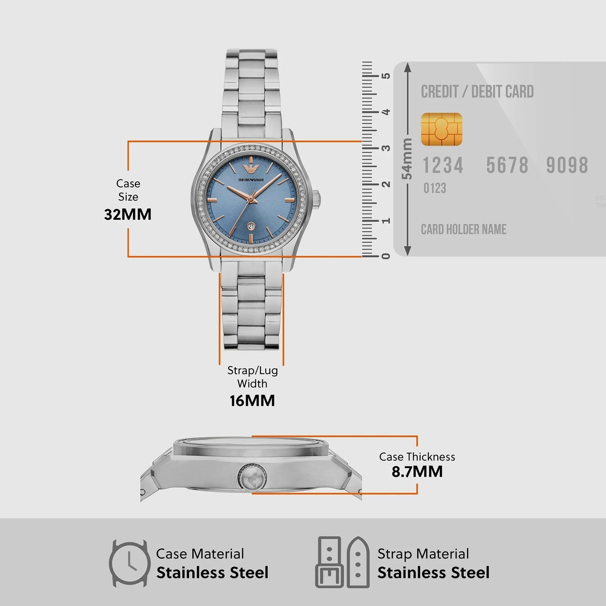 Emporio Armani Federica Three-Hand Date Blue Dial Silver Steel Strap Watch For Women - AR11593