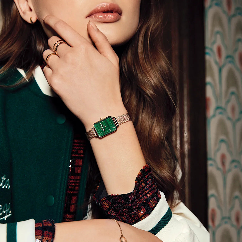 Daniel Wellington Quadro Melrose Green Dial Rose Gold Mesh Strap Watch For Women - DW00100437