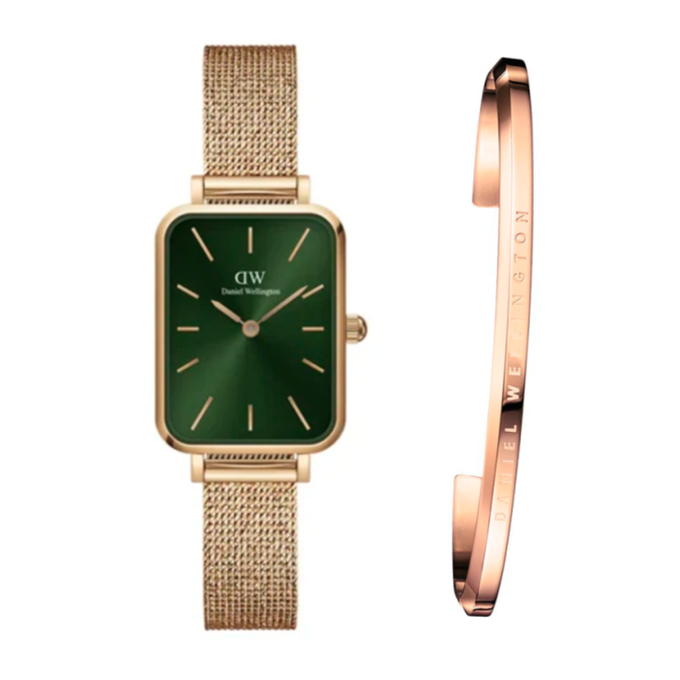 Daniel Wellington Quadro Melrose Green Dial Rose Gold Mesh Strap Watch For Women - DW00100437