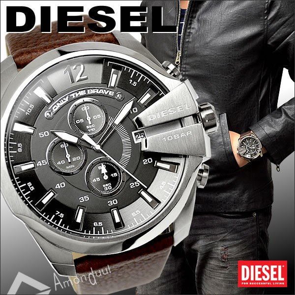 Diesel Mega Chief Chronograph Black Dial Brown Leather Strap Watch For Men - DZ4290