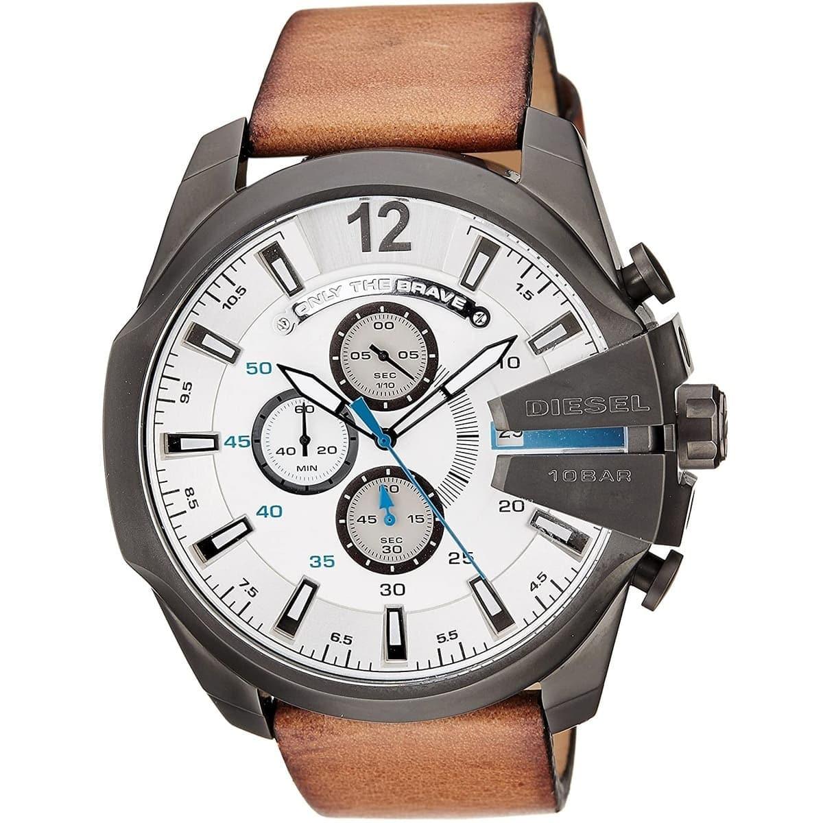 Diesel Mega Chief Chronograph White Dial Brown Leather Strap Watch For Men - DZ4280