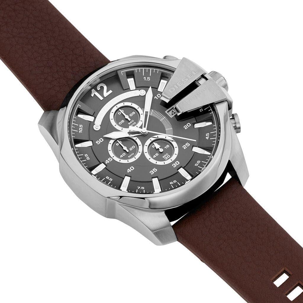 Diesel Mega Chief Chronograph Black Dial Brown Leather Strap Watch For Men - DZ4290