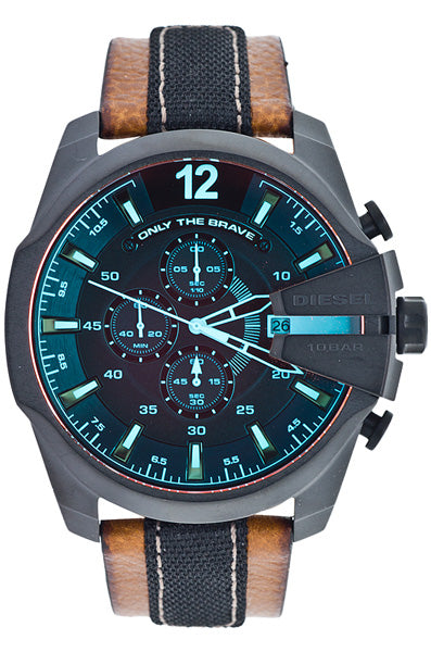 Diesel Mega Chief Quartz Black Dial Two Tone Leather Strap Watch For Men - DZ4305