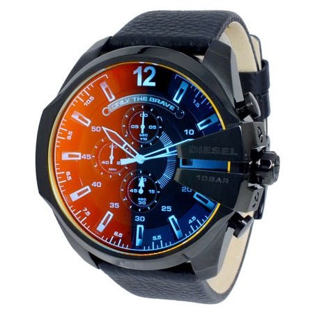 Diesel Mega Chief Chronograph Black Dial Black Leather Strap Watch For Men - DZ4323