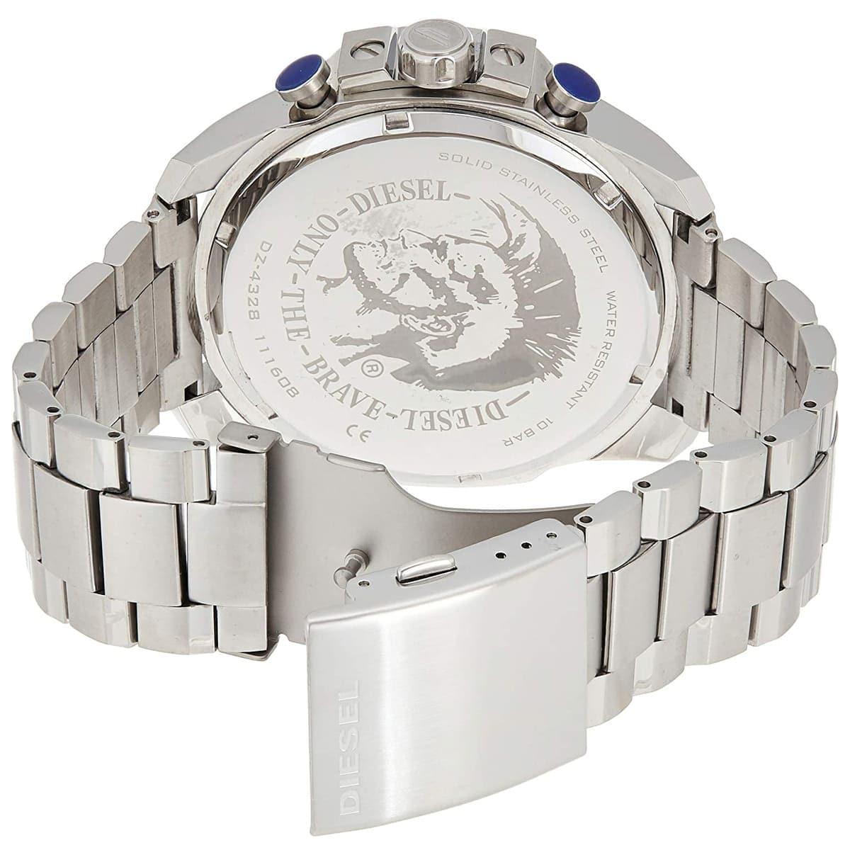 Diesel Mega Chief Chronograph White Dial Silver Steel Strap Watch For Men - DZ4328