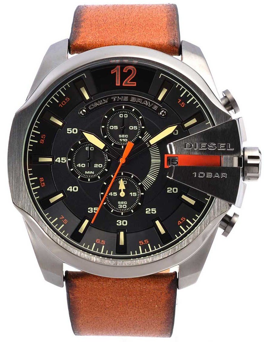 Diesel Mega Chief Chronograph Black Dial Brown Leather Strap Watch For Men - DZ4343