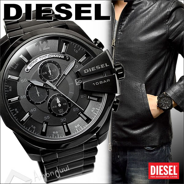 Diesel Mega Chief Chronograph Black Dial Black Steel Strap Watch For Men - DZ4355