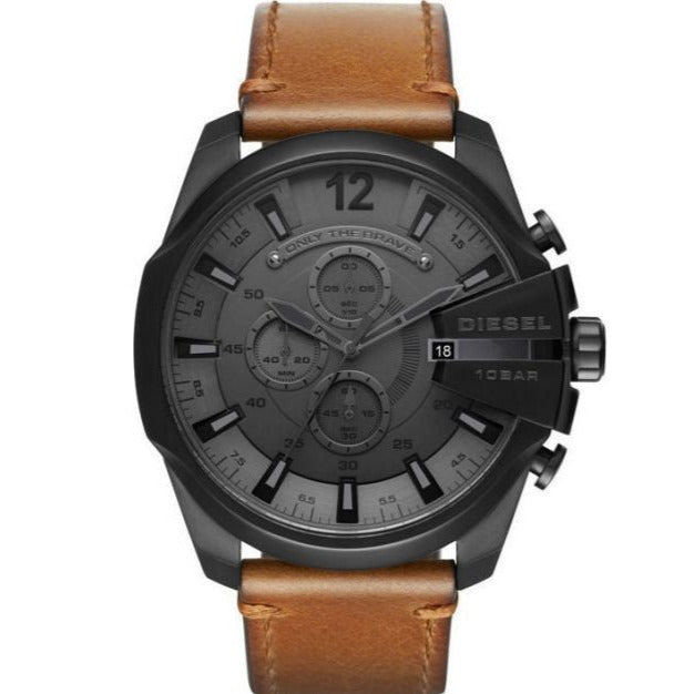 Diesel Mega Chief Chronograph Grey Dial Brown Leather Strap Watch For Men - DZ4463