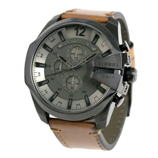 Diesel Mega Chief Chronograph Grey Dial Brown Leather Strap Watch For Men - DZ4463