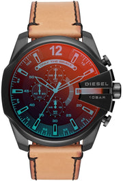 Diesel Mega Chief Chronograph Black Dial Brown Leather Strap Watch For Men - DZ4476
