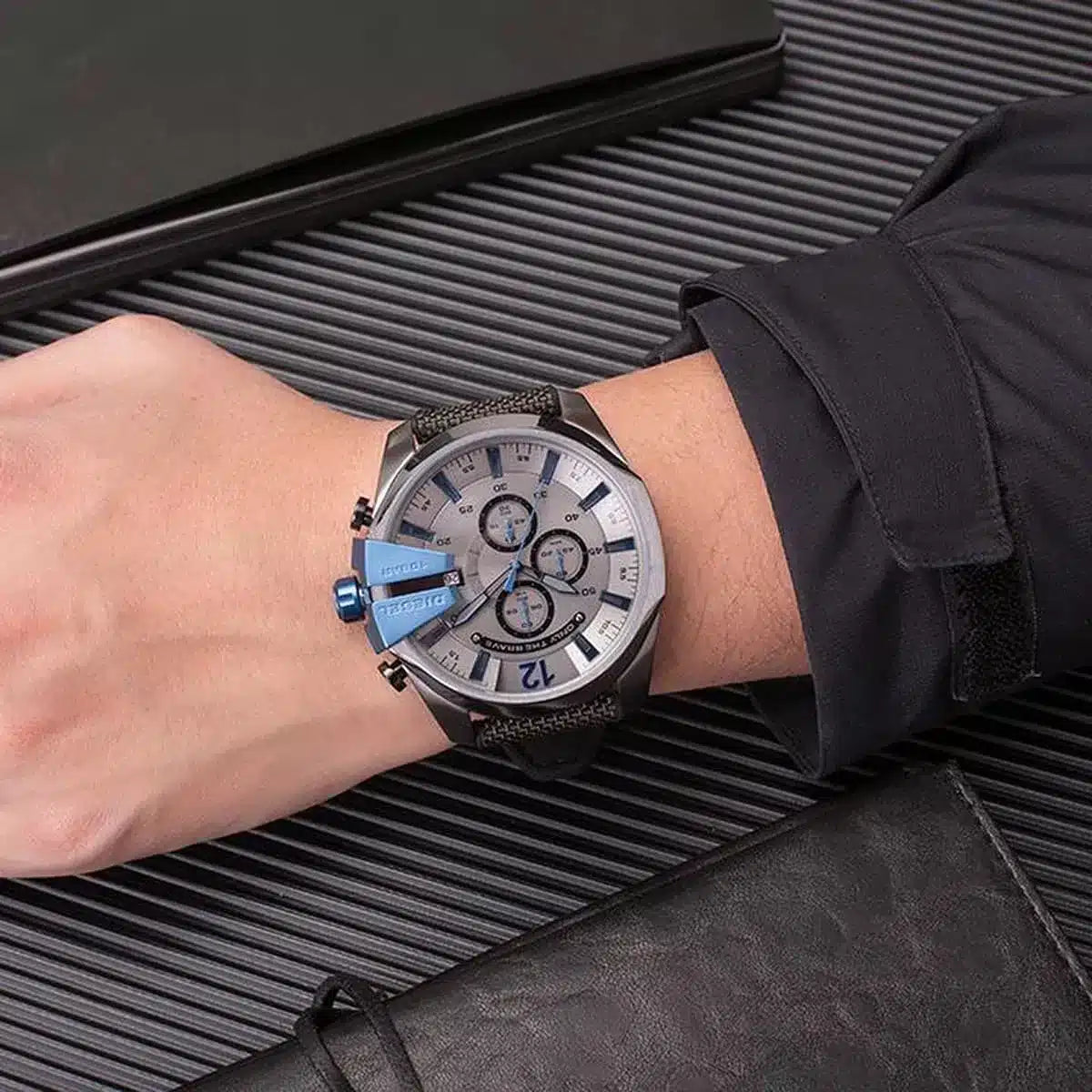 Diesel Mega Chief Chronograph Black Dial Black Nylon Strap Watch For Men - DZ4500