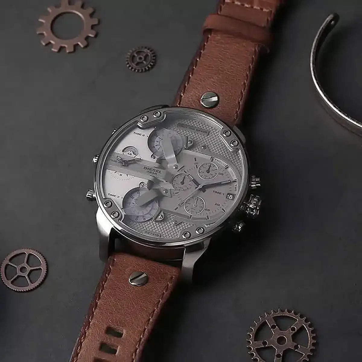 Diesel Mr Daddy Chronograph Grey Dial Brown Leather Strap Watch For Men - DZ7413