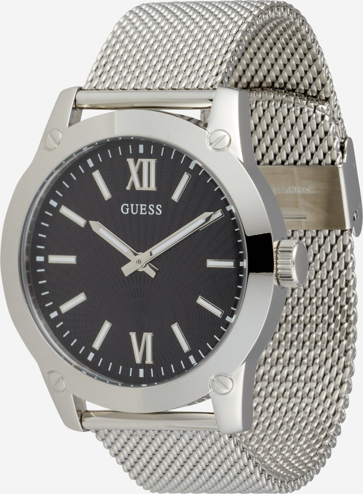 Guess Analog Black Dial Silver Mesh Bracelet Watch for Men - W1263G1