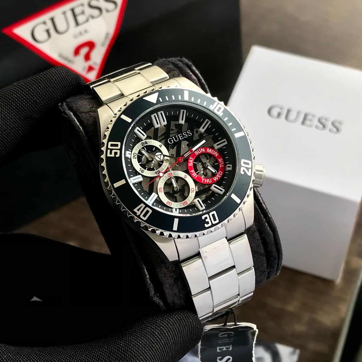 Guess Axle Multifunction Black Dial Silver Steel Strap Watch For Men - GW0488G1