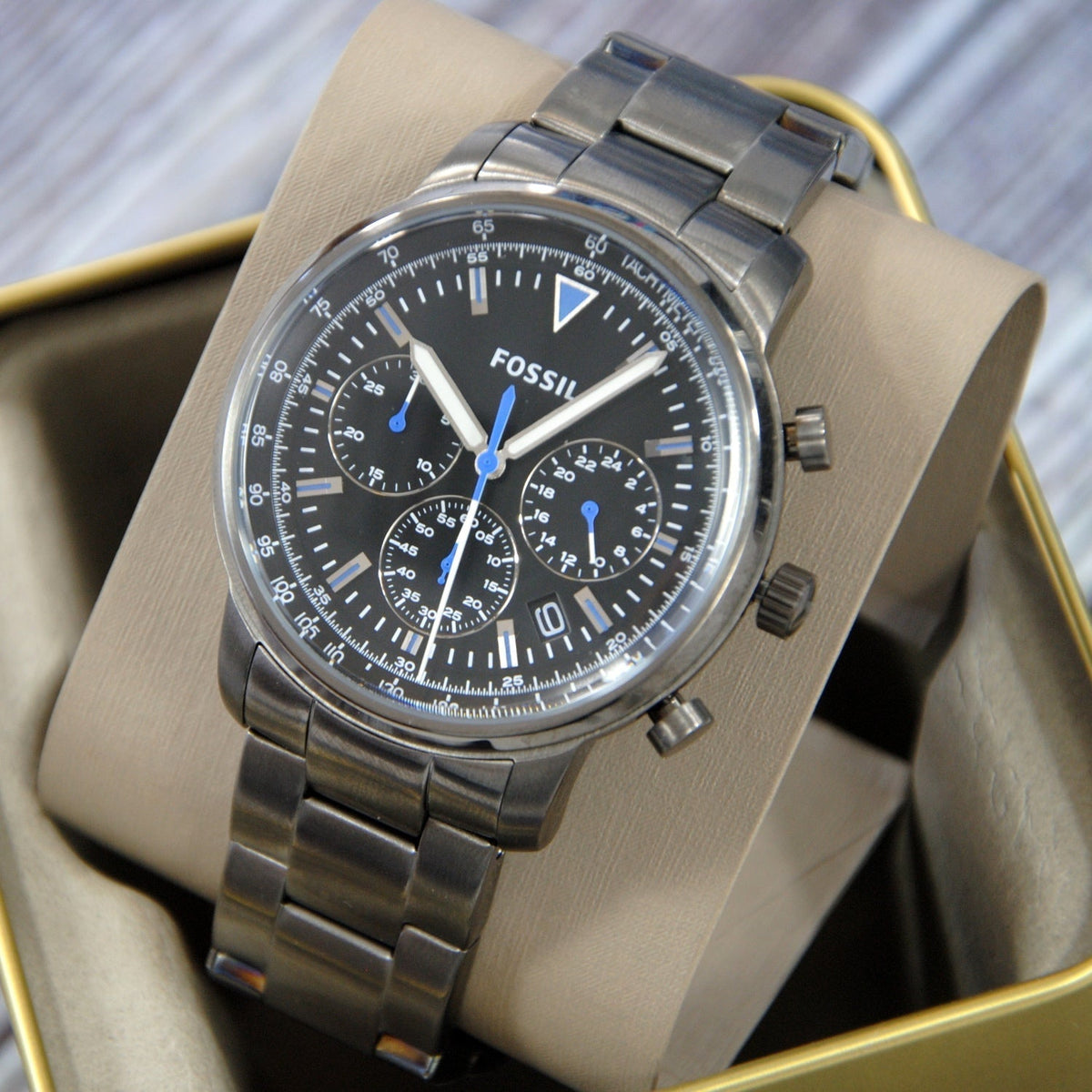 Fossil Goodwin Chrono Analog Black Dial Grey Steel Strap Watch for Men - FS5518