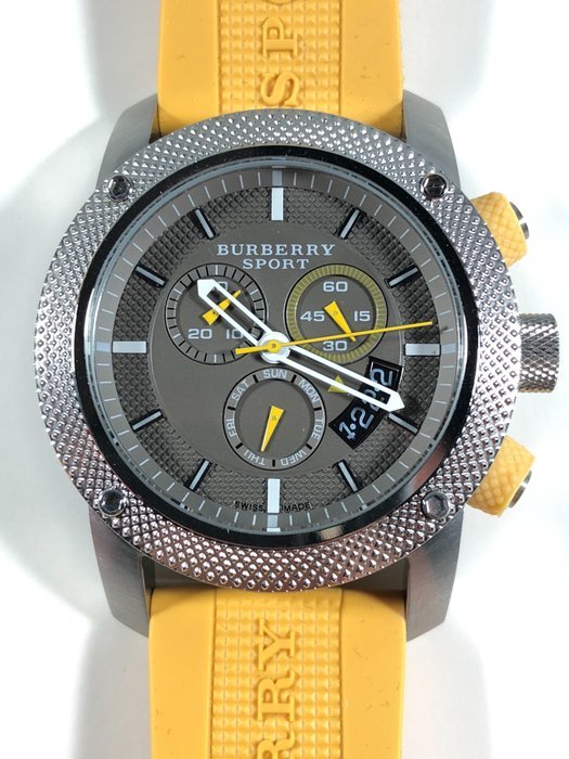 Burberry Sport Chronograph Grey Dial Yellow Rubber Strap Watch for Men - BU7712