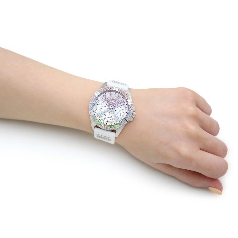 Guess Frontier Diamonds Silver Dial White Rubber Strap Watch for Women - GW0045L1