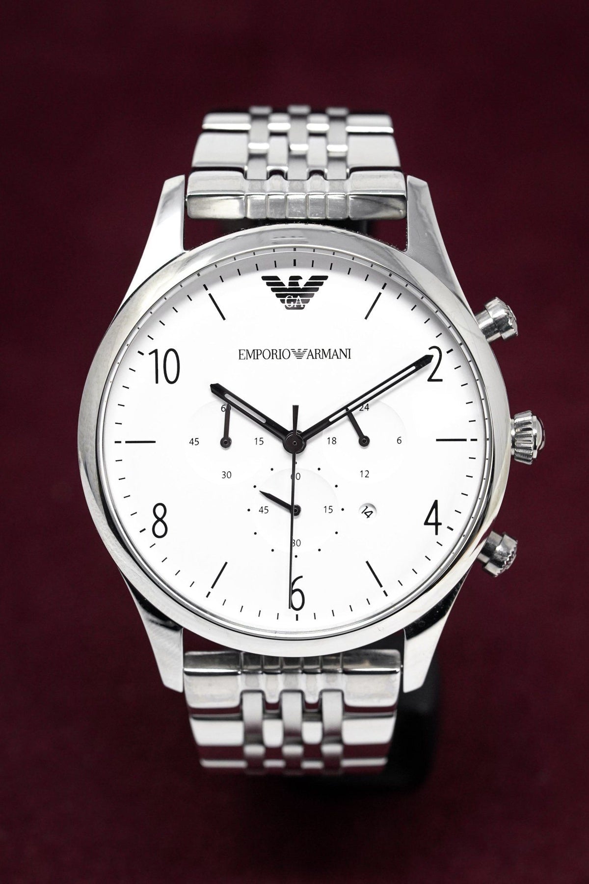 Emporio Armani Classic Chronograph Silver Dial Silver Steel Strap Watch For Men - AR1879