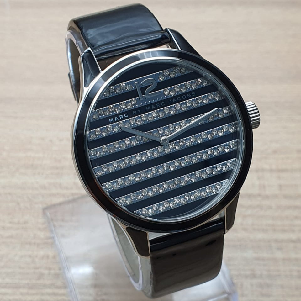 Marc Jacobs Lidia Stripe Glitz Black Dial Black Leather Strap Watch for Women - MBM1166