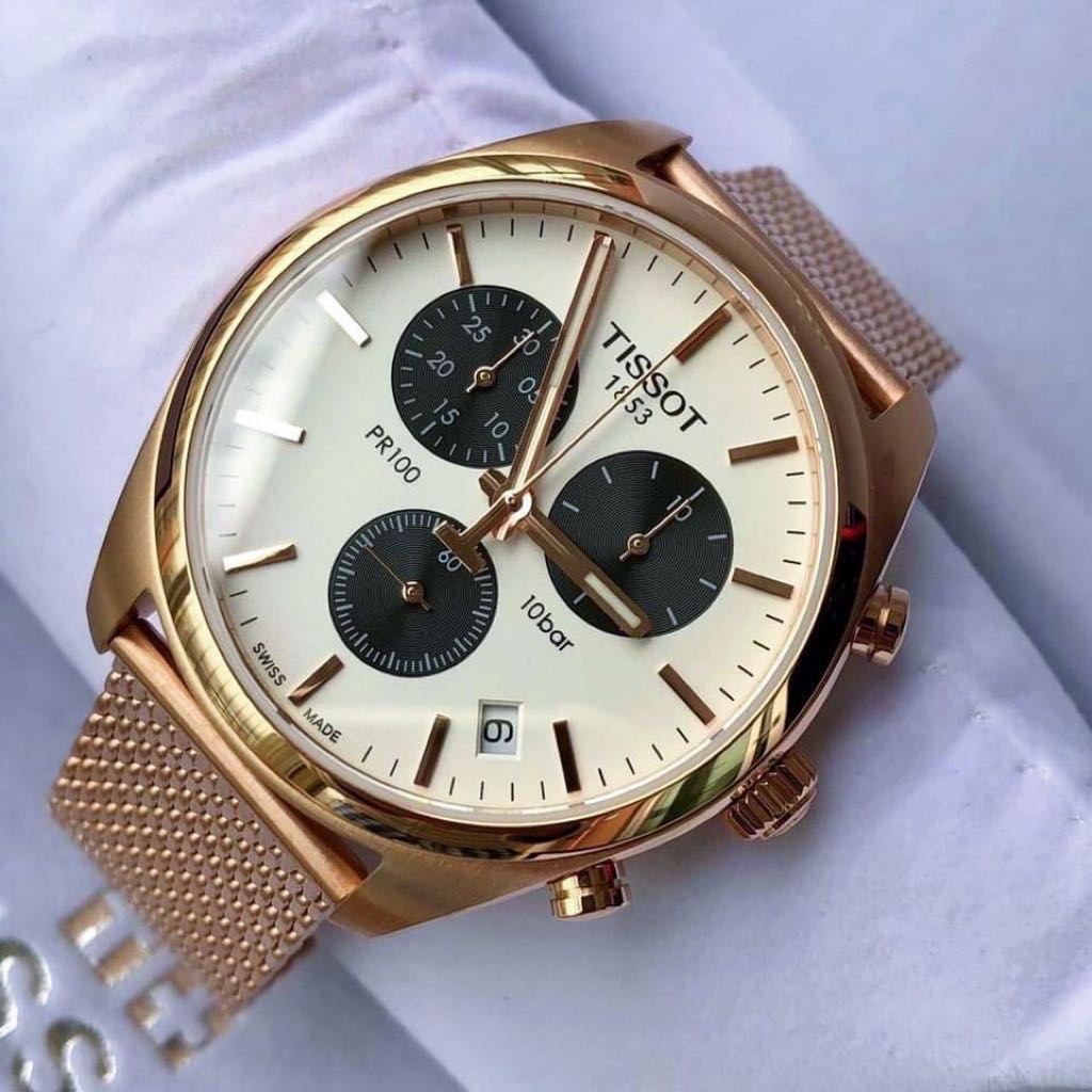 Tissot T Classic PR 100 Chronograph Silver Dial Rose Gold Mesh Bracelet Watch For Men - T101.417.33.031.01