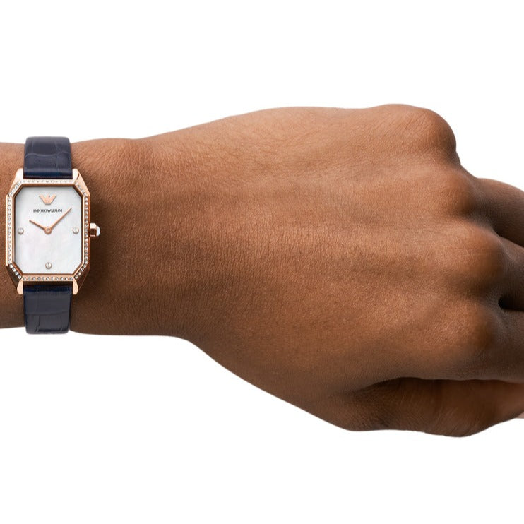 Emporio Armani Gianni T Bar Quartz Mother of Pearl Dial Blue Leather Strap Watch For Women - AR11466